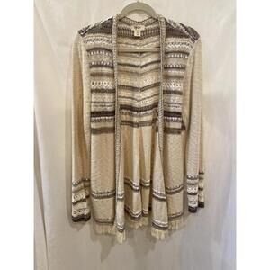 Style &Co Crochet Knit Open Front Boho Western Fringe Trim Lightweight Cardigan